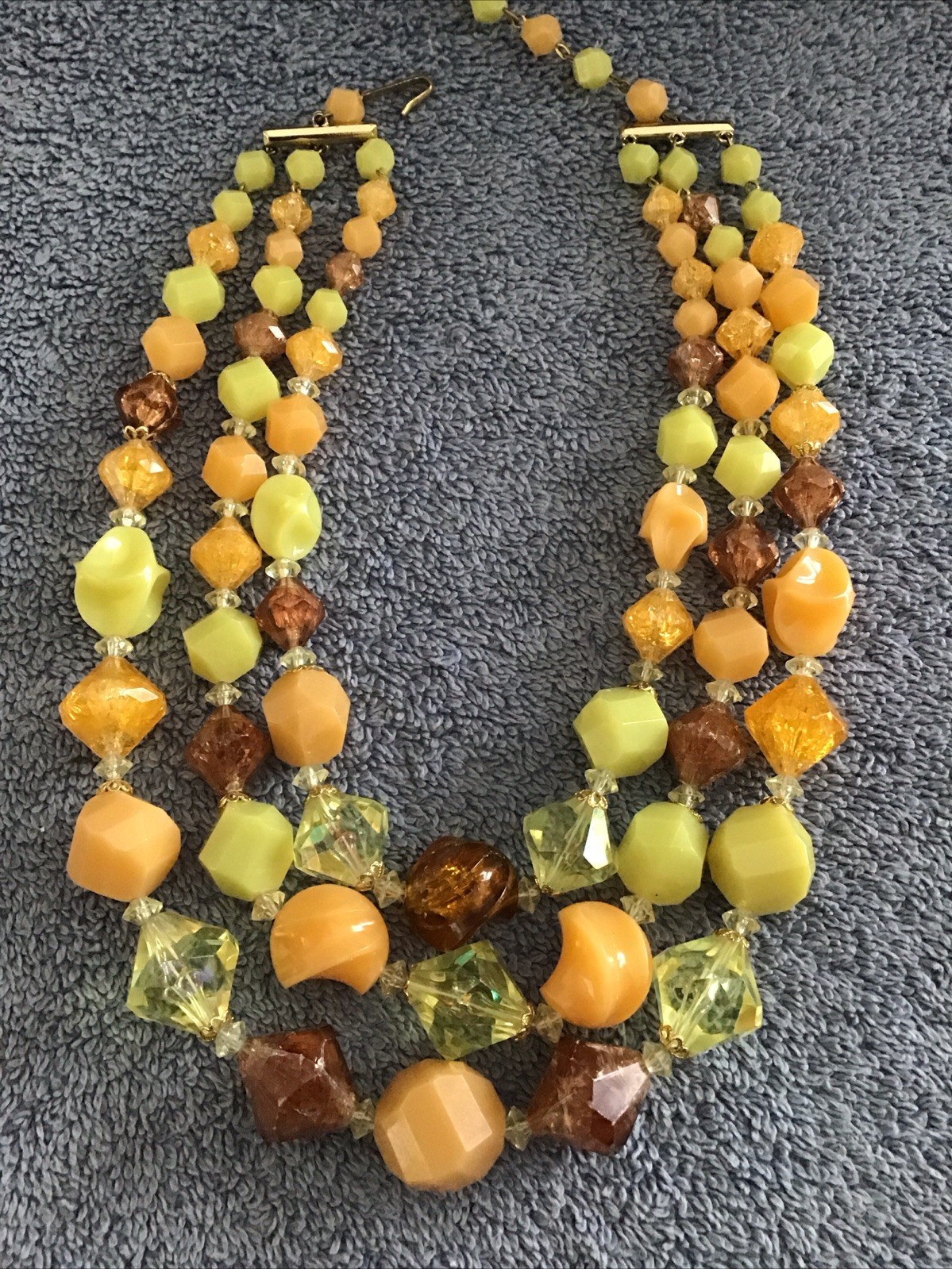 Vtg Germany Bead Necklace Triple Strand Yellow Orange Chunky Acrylic Lucite
