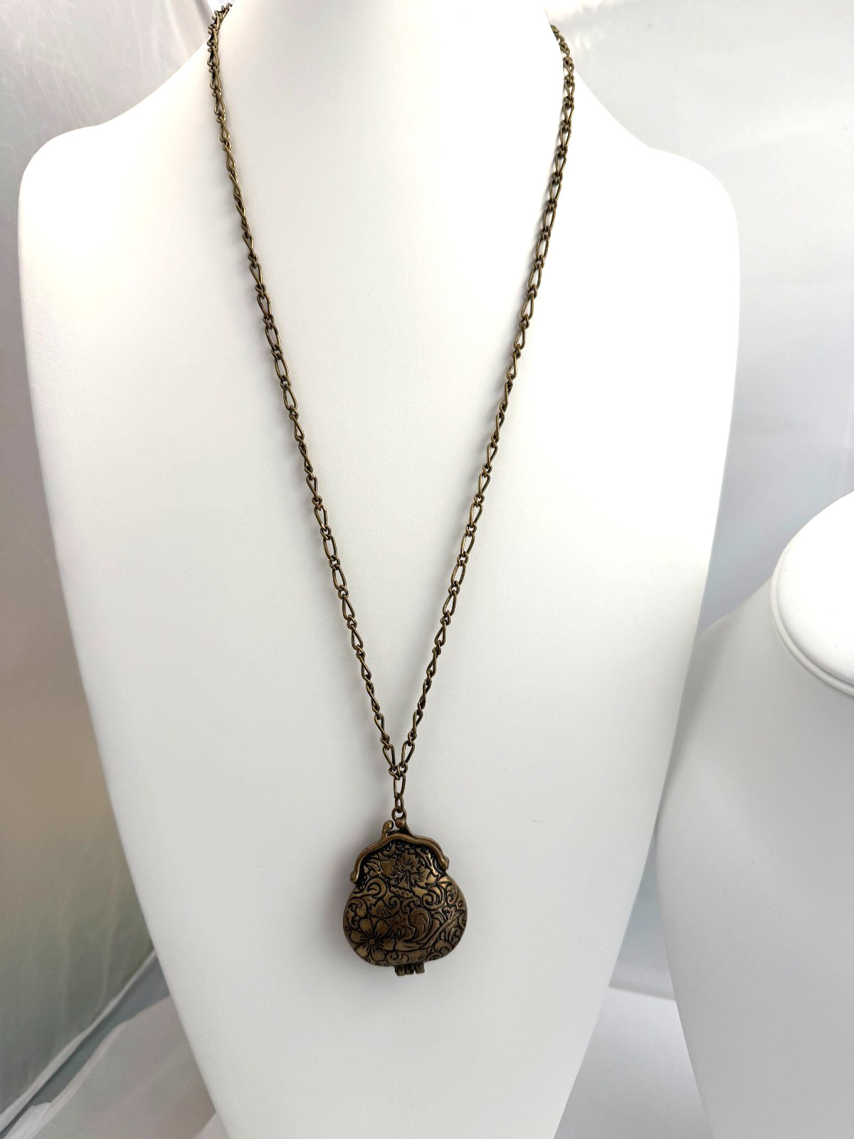 Vintage-Style Ornate Embossed Chatelaine Coin Purse Locket Necklace Floral Brass