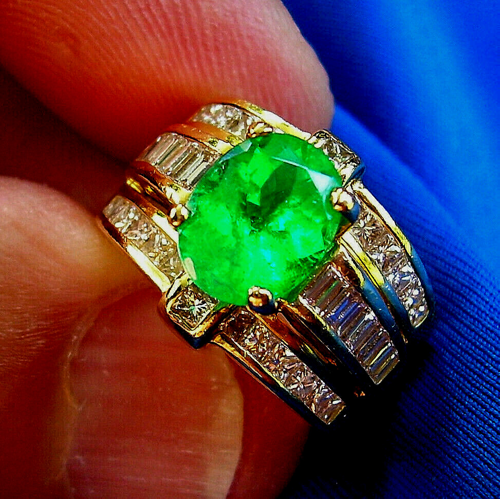 Original EARTH MINED EMERALD DIAMOND Deco Engagement Ring 14K GOLD Solitaire 4ct