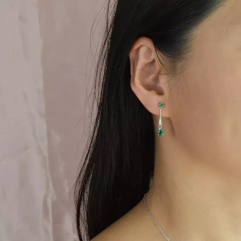 Pear Cut Lab Created Emerald Diamond Woman’s Special Earring 14K White Gold FN