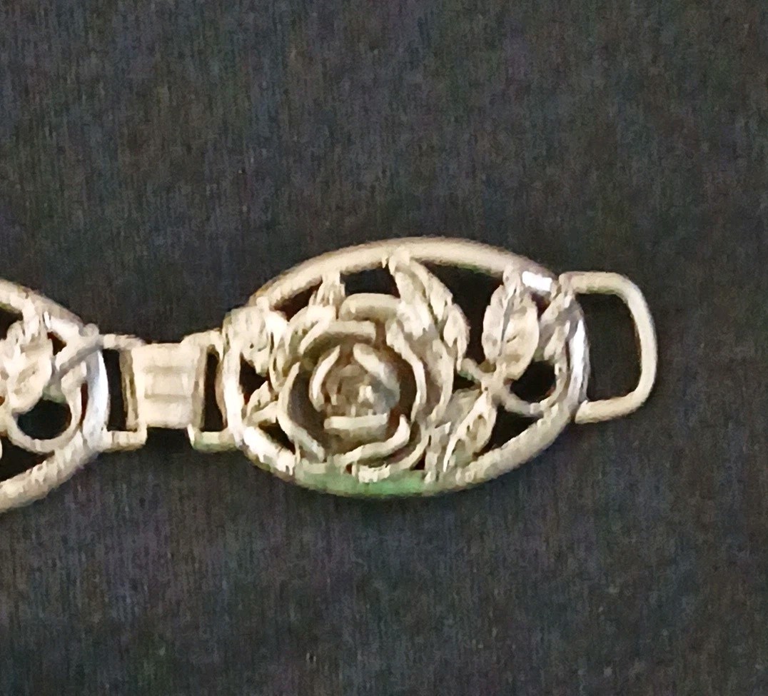 DANECRAFT Vintage Sterling Silver Floral Rose and Leaf Oval Link Bracelet RARE *