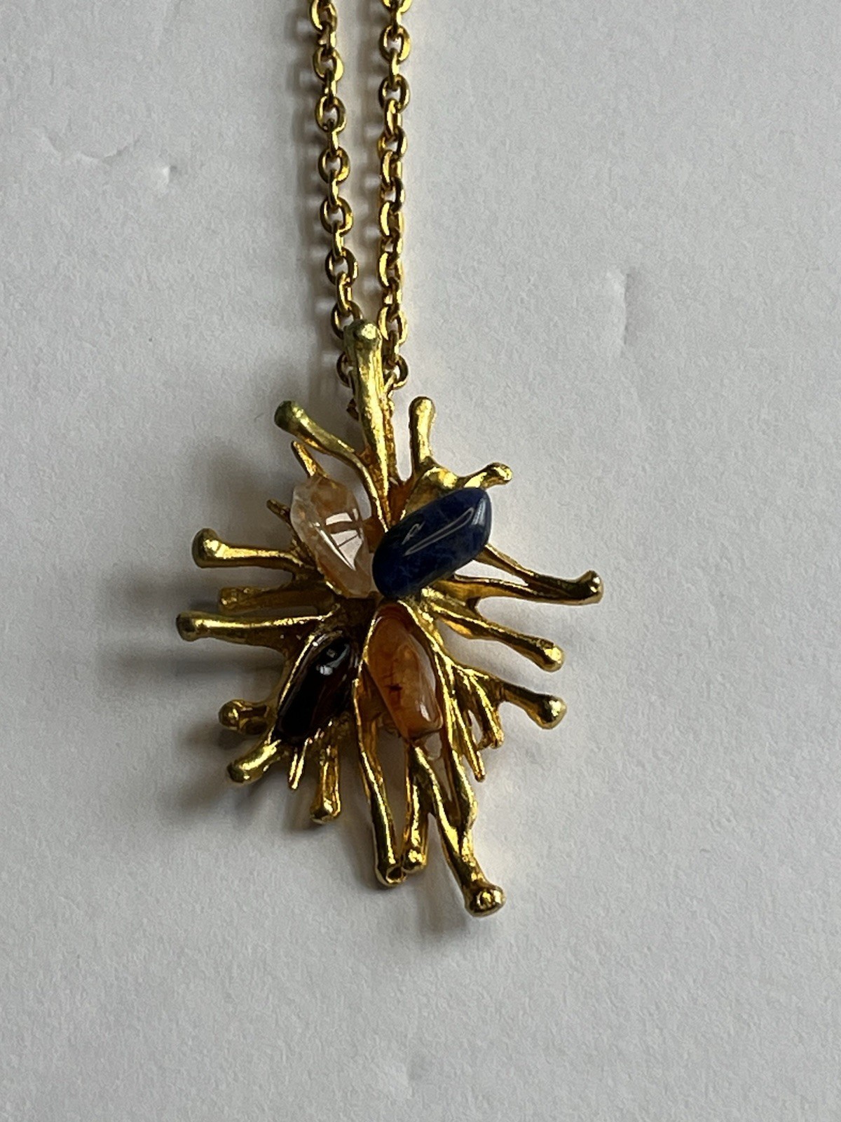 Vintage 1960s Gold Tone Brutalist Modernist Style Sunburst Necklace 28”