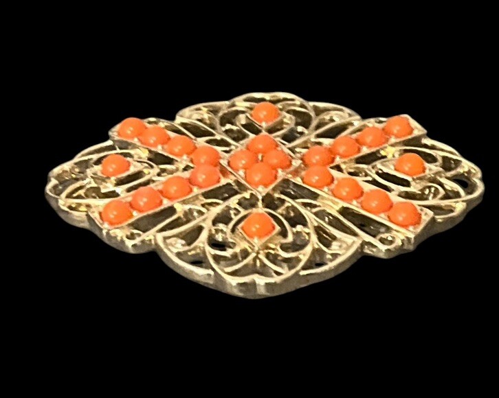 Vintage Sarah Coventry Gold Tone Filigree Coral Colored Beaded Brooch Pin