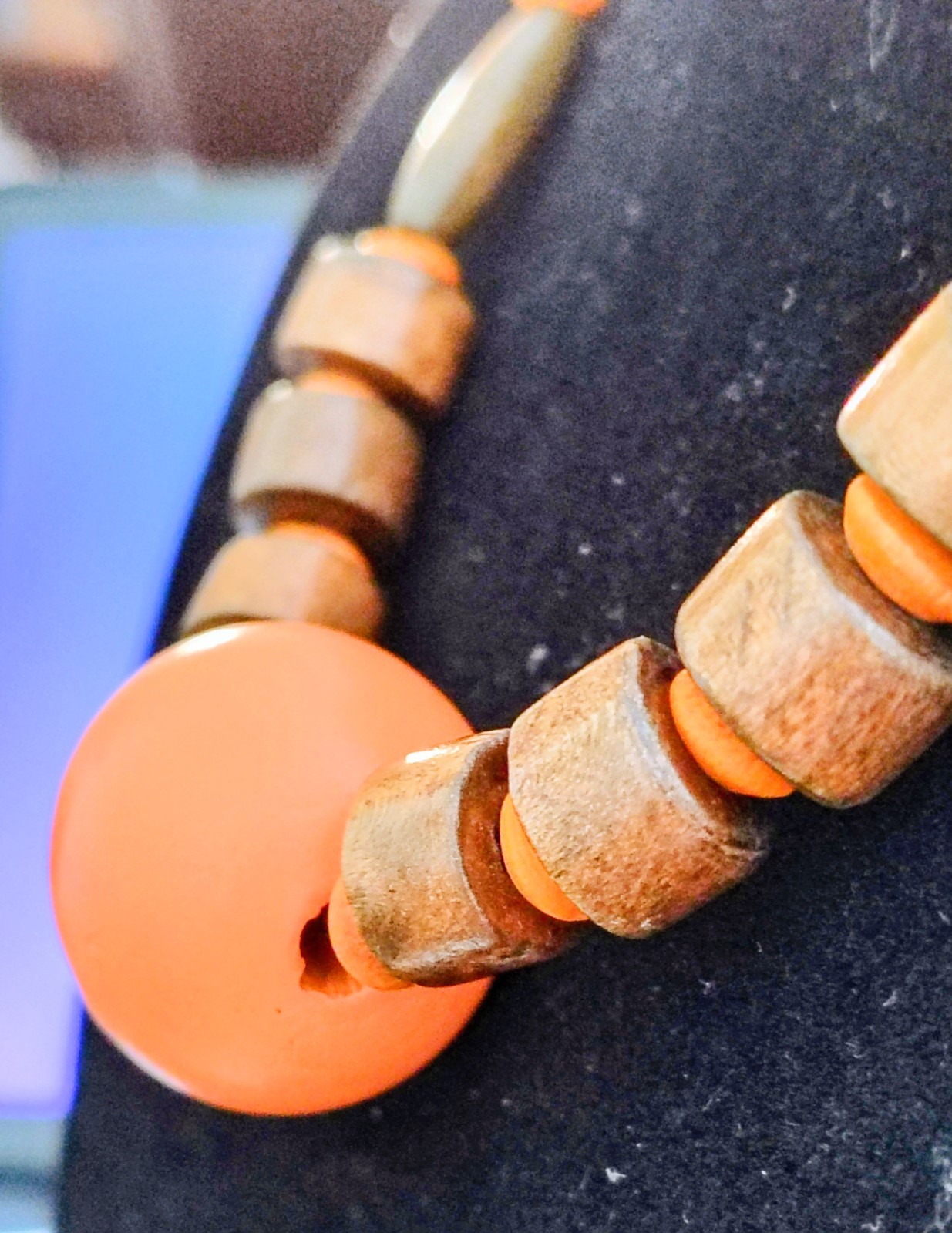 Vintage 20″ Lightweight Wood Necklace W/Orange Pendant 1970s Retro Nylon Strung