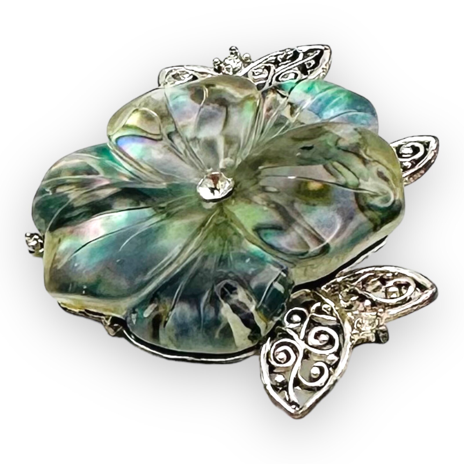 Vintage Lucite Cellulose Acetate Flower Brooch Rhinestones Faux Abalone MCM