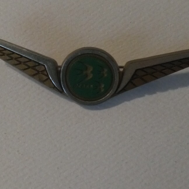 Stoffel Seals Signed Wing Brooch Pin Gold Tone Green Round Bezel Center