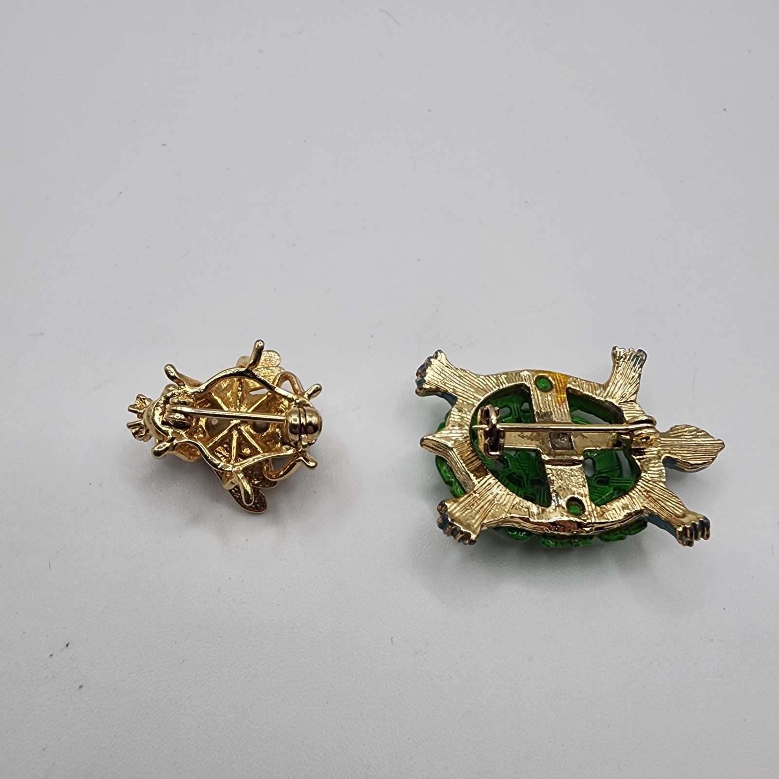 Vintage Brooch Set Turtle & Fly Bee Bug Pins Enamel Animal Rhinestone Gold Toned