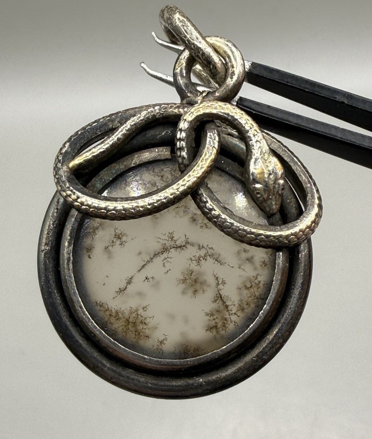 Antique Victorian Sterling Silver Snake Serpent Dendritic Agate Pendant