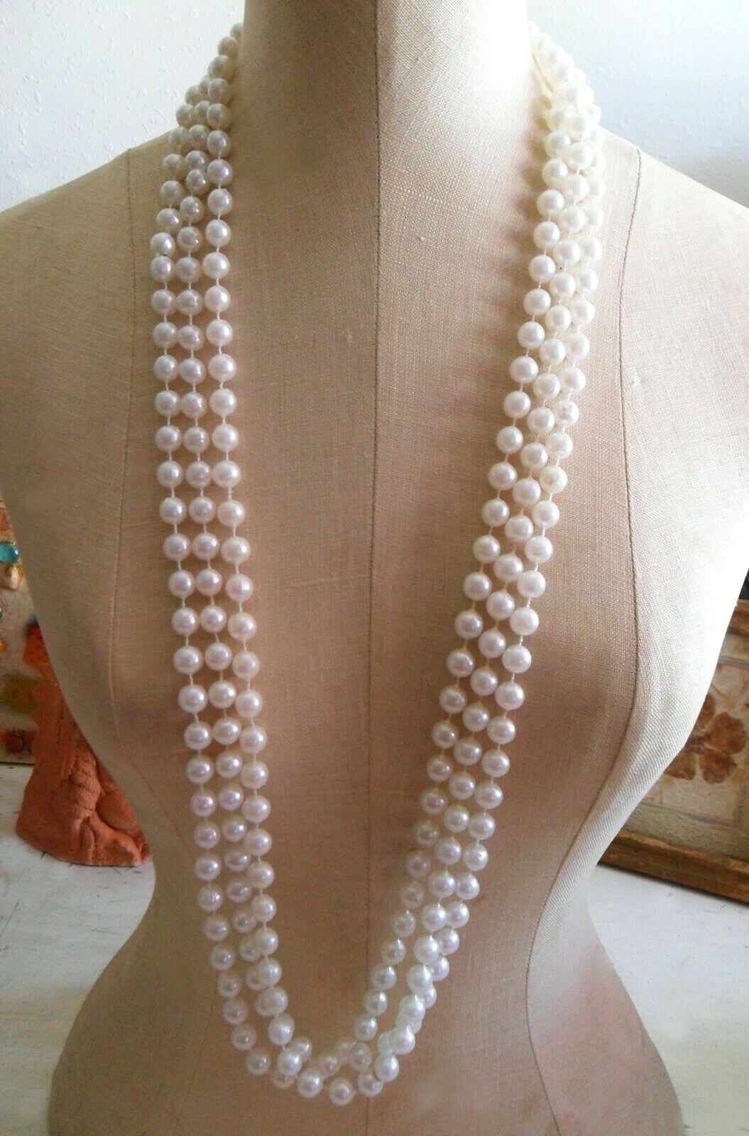 Vintage Faux Pearl Long NECKLACES, Irregular, White, Off White or w/ Black Lines