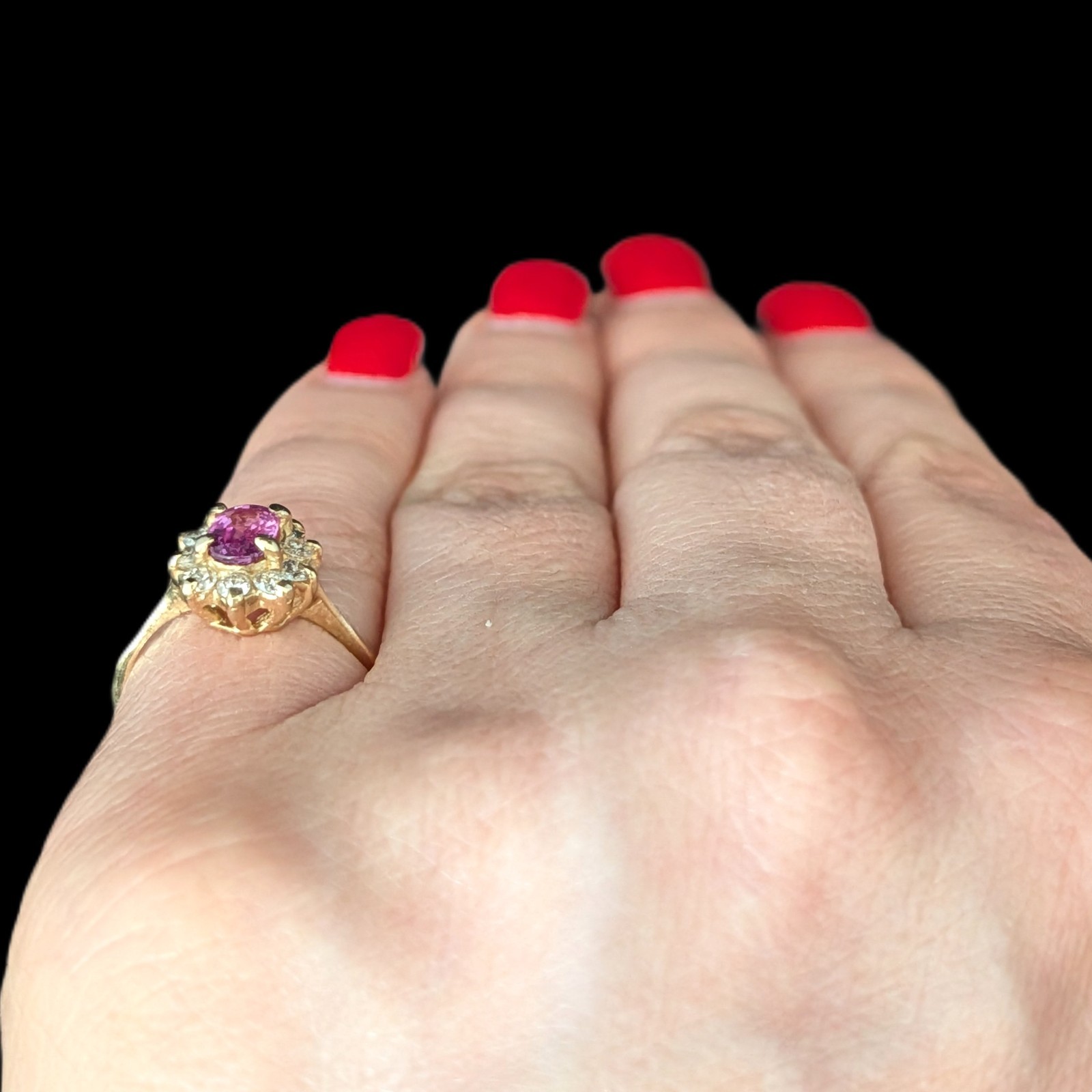 Vintage Pink Sapphire Diamonds 14k Yellow Gold Halo Ring Estate Jewelry Gift