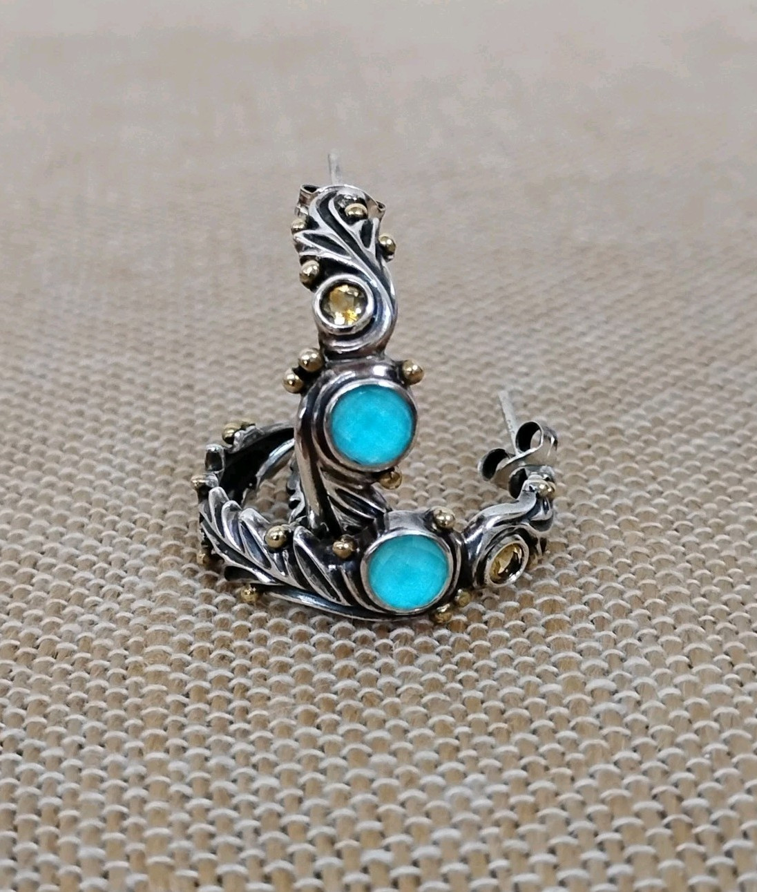Rare Echo of the Dreamer Sterling Silver Bronze Turquoise Citrine Hoop Earrings