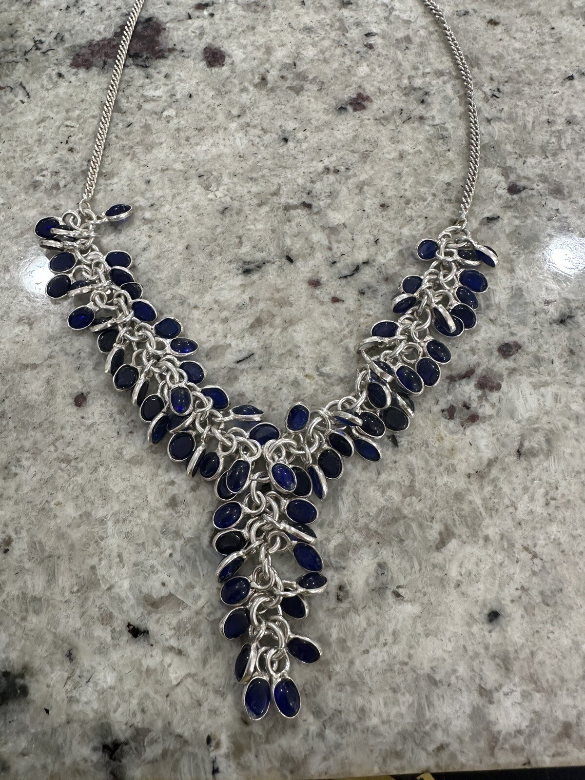 Vtg Sterling Silver 925 Blue Cabochon Stone Statement Necklace, 21in Long