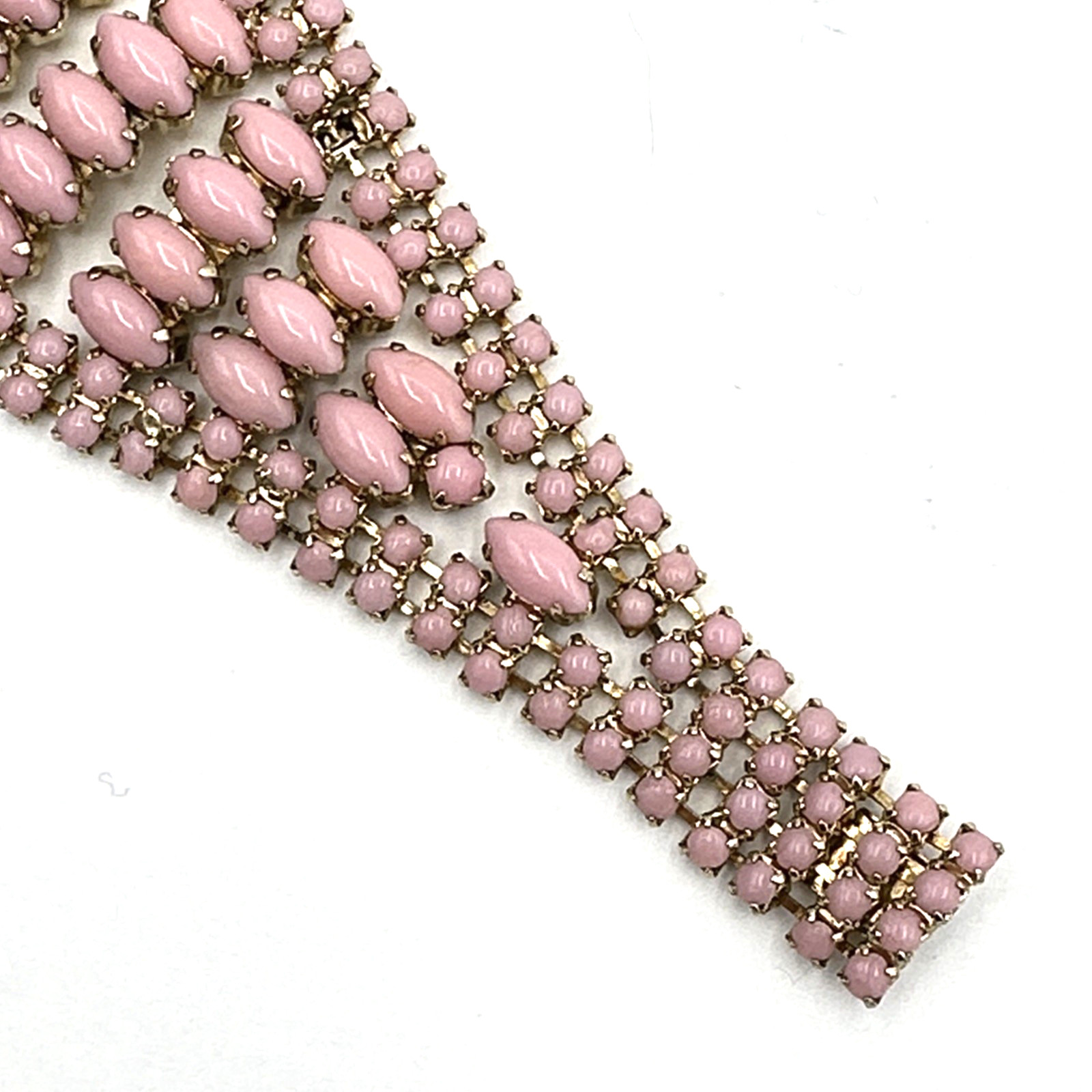 PINK cabochon vintage bracelet – 6.75″ prong-set glass wide pastel – READ