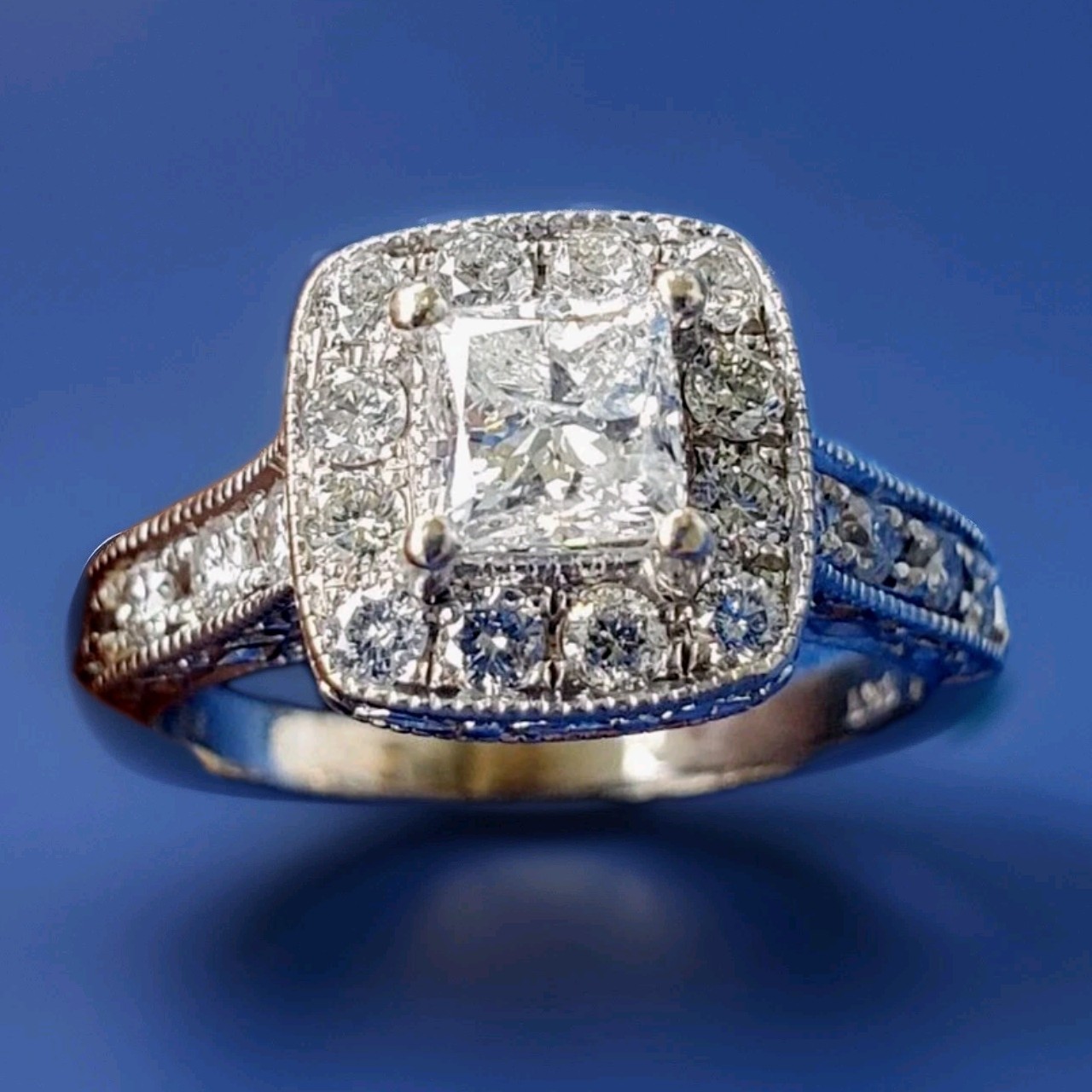 EARTH MINED DIAMOND Deco Halo Engagement Ring SOLID 14K WHITE GOLD Solitaire