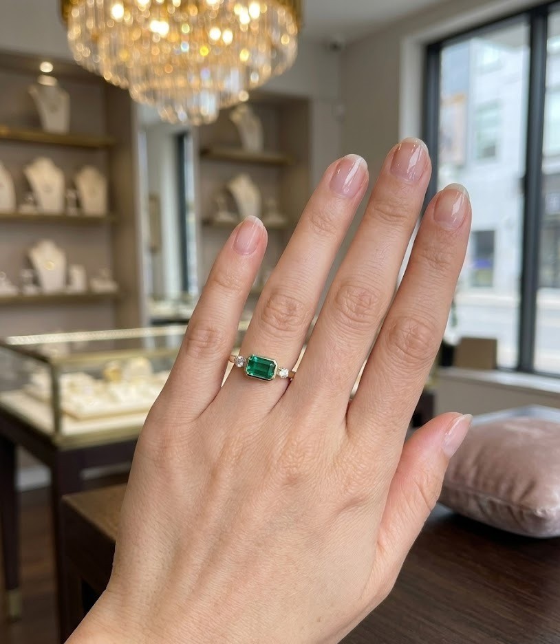 East West Bezel 1CT Real Green Emerald Vintage 3-Stone Ring 14K Yellow Gold Over