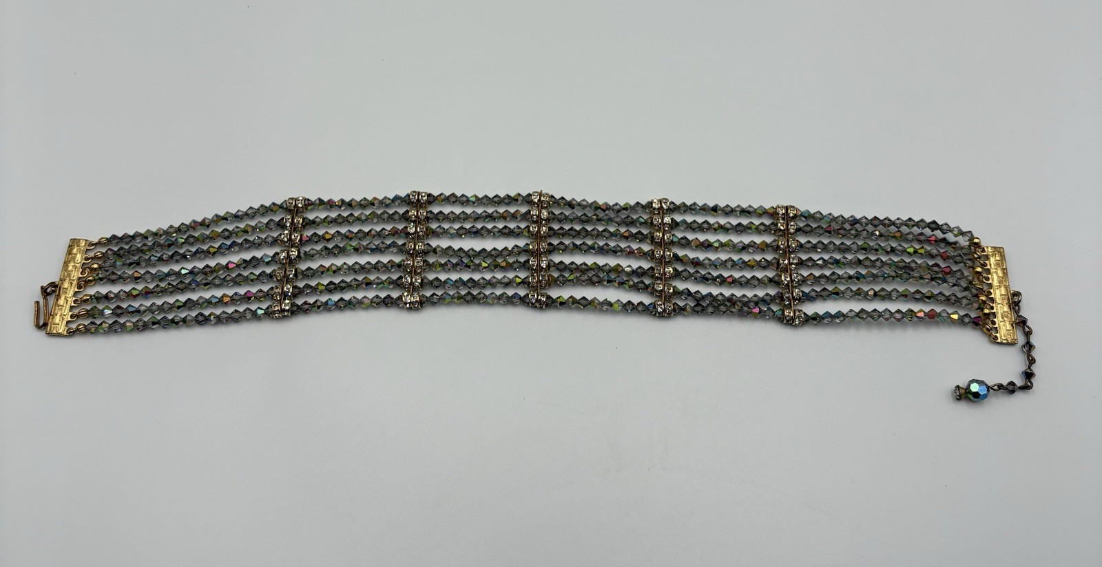 Vtg. 7 Std. Choker Dark Aurora Borealis Crystal Faceted Glass Beads/Rhinestones