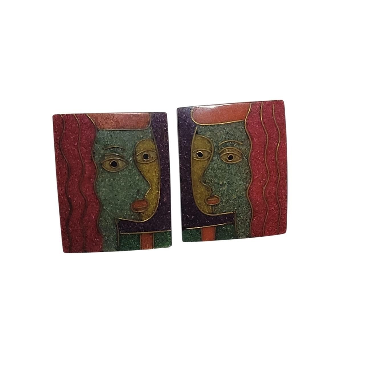Vintage Abstract Face Resin Stud Earrings Square Picasso Style Colorful Art