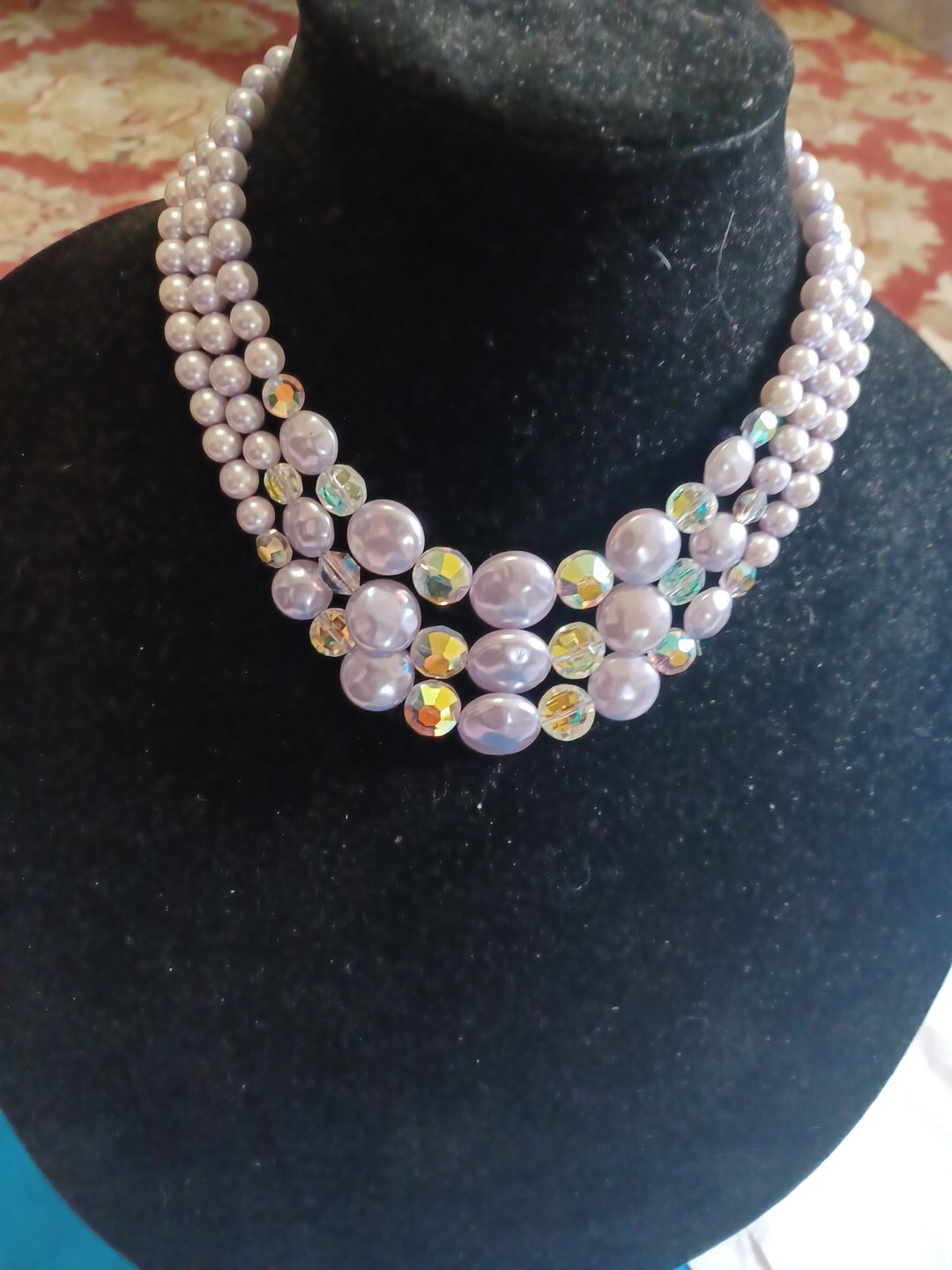 GORGEOUS 3 Strand Vintage Lavender Faux Pearl Necklace With AB crystals