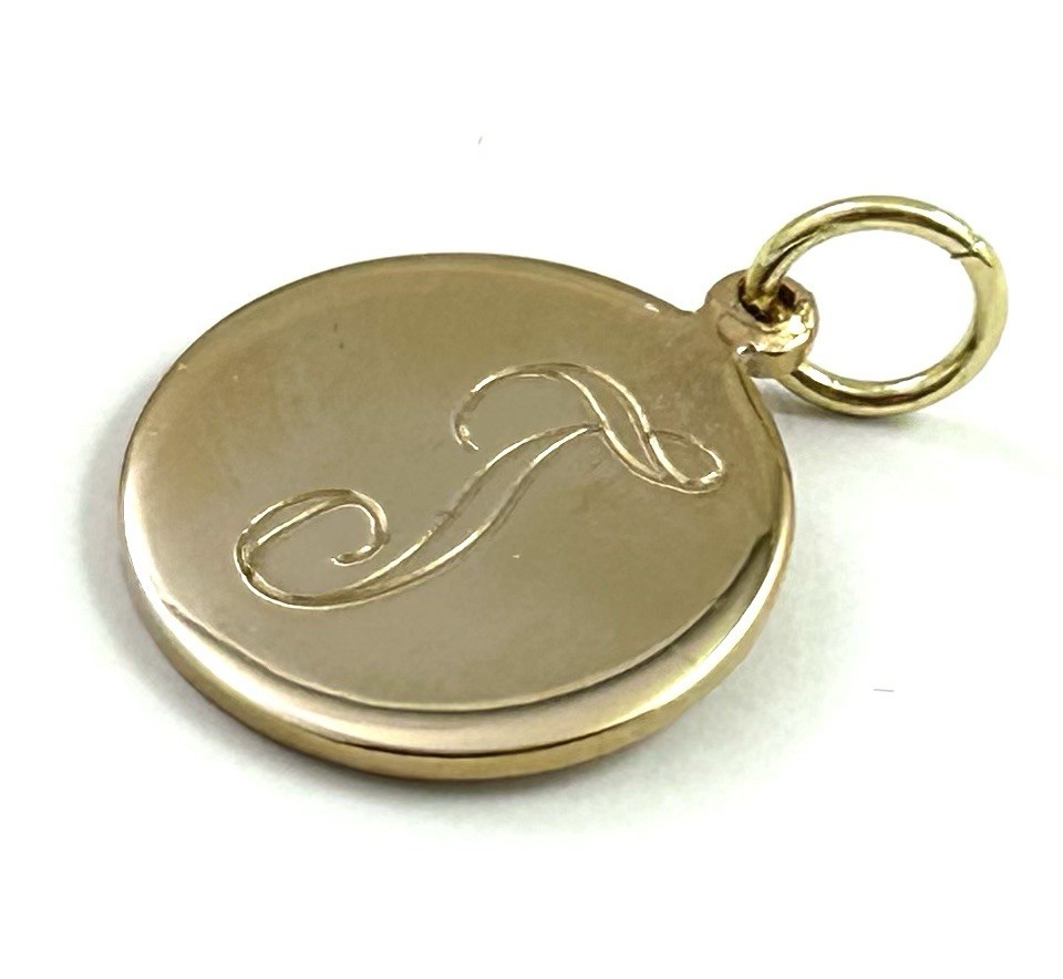 Vintage Initial T Charm Dainty Pendant Etched Gold Plated Metal Vintage Jewelry
