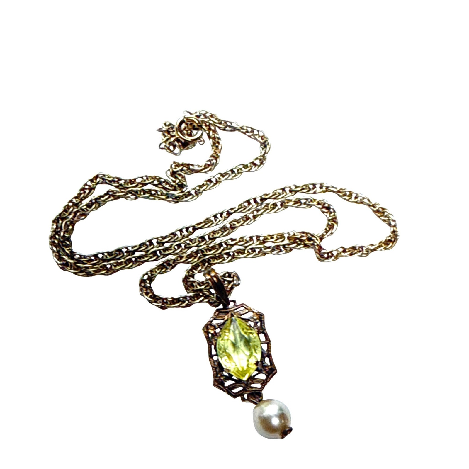 Vintage Filigree Pendant Necklace Yellow Citrine Glass Pearl Drop Gift For Her