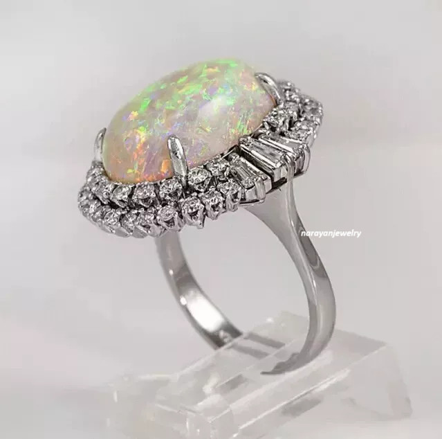 Glittering fancy Opal & lab-created Diamond halo cluster Engagement Ring silver