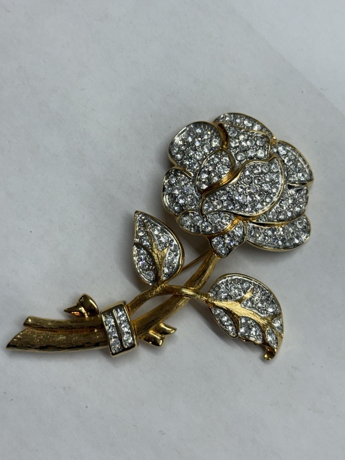 Vintage Nolan Miller Signed Gold Tone Rhinestone Rose Flower Brooch Pin