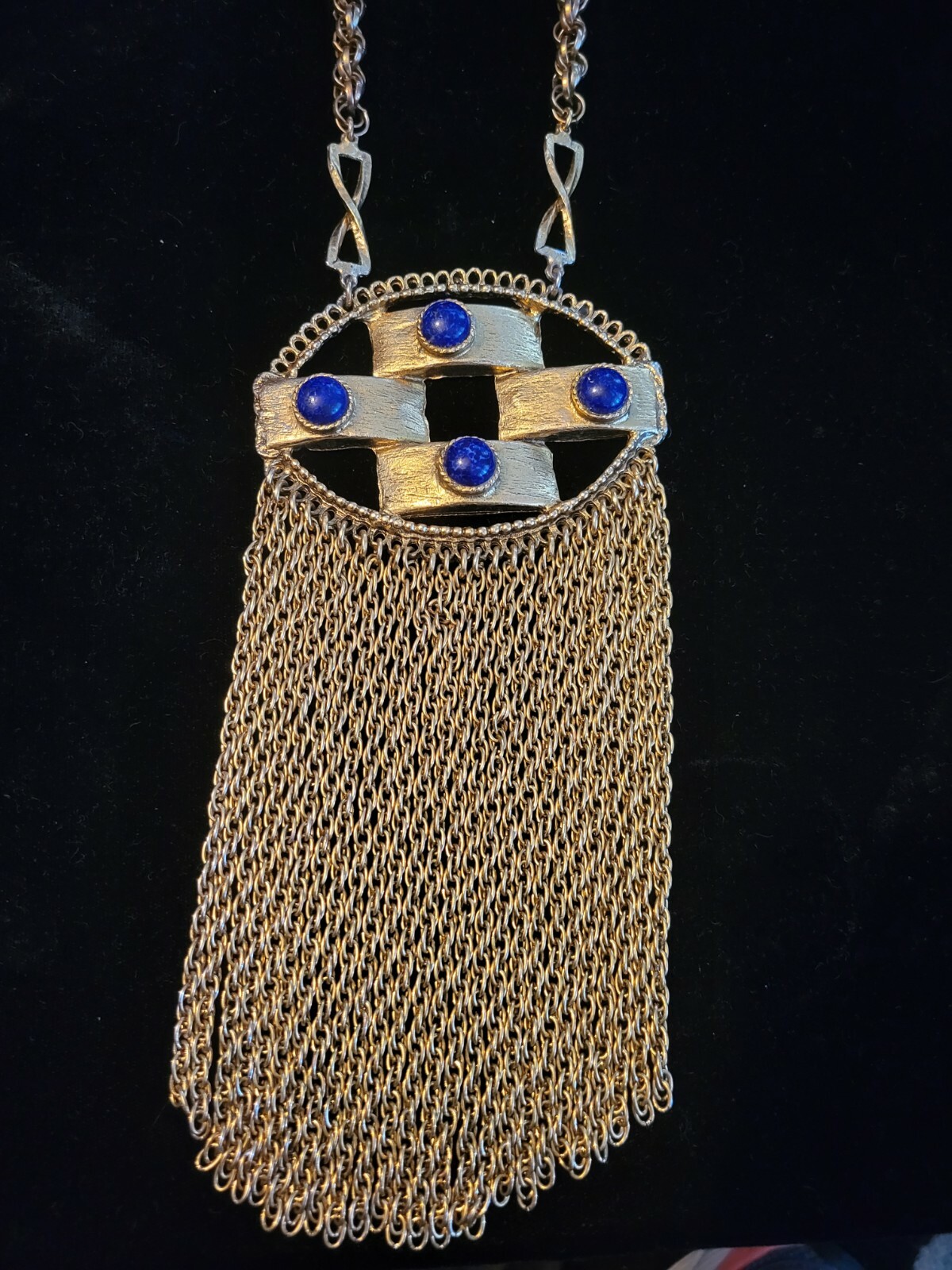 Vintage Very Large Bold Goldtone Blue Stone Edlee multi stand chain Necklace