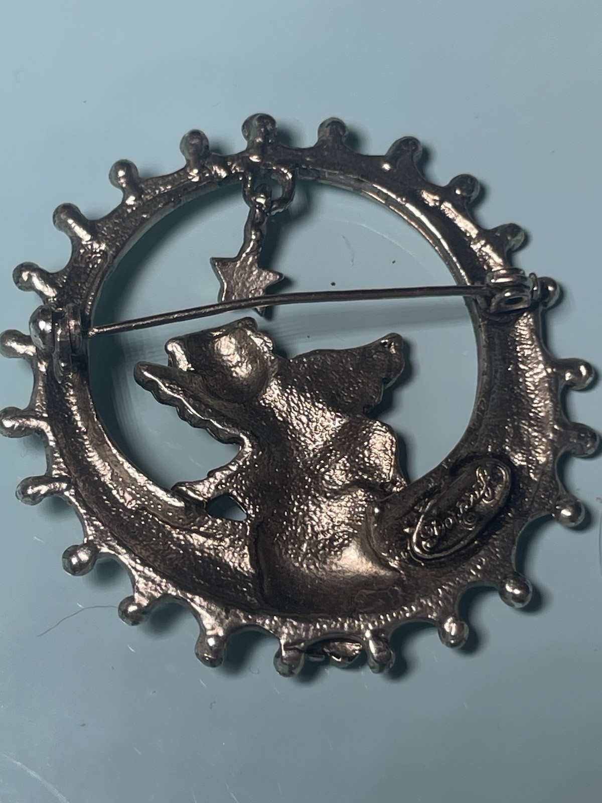 Danecraft Angel on Crescent Moon Brooch Vintage Silver Tone Rhinestone Star Sign