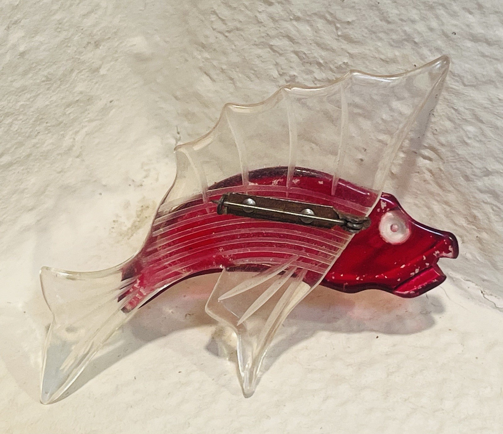 Vintage Lucite Red Fish Brooch w/ Clear Stylized Fins, “Googly Eye” 1940s-50s