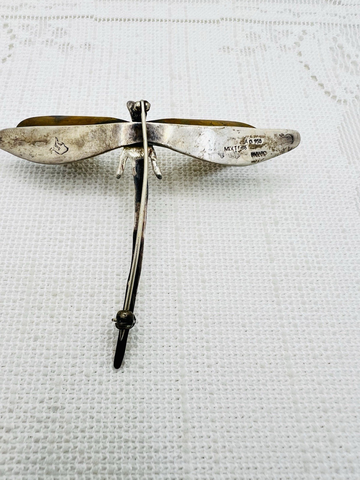 Vintage Mexican 950 Silver Brass Dragonfly Brooch Signed FARRO Mixed Metal LATON
