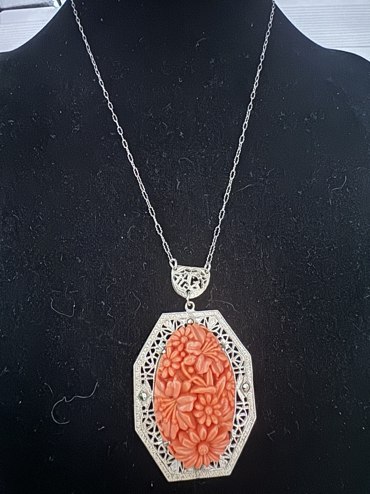 Antiqued ART DECO designed GERMANY faux Coral Carved Filigree Necklace Pendant