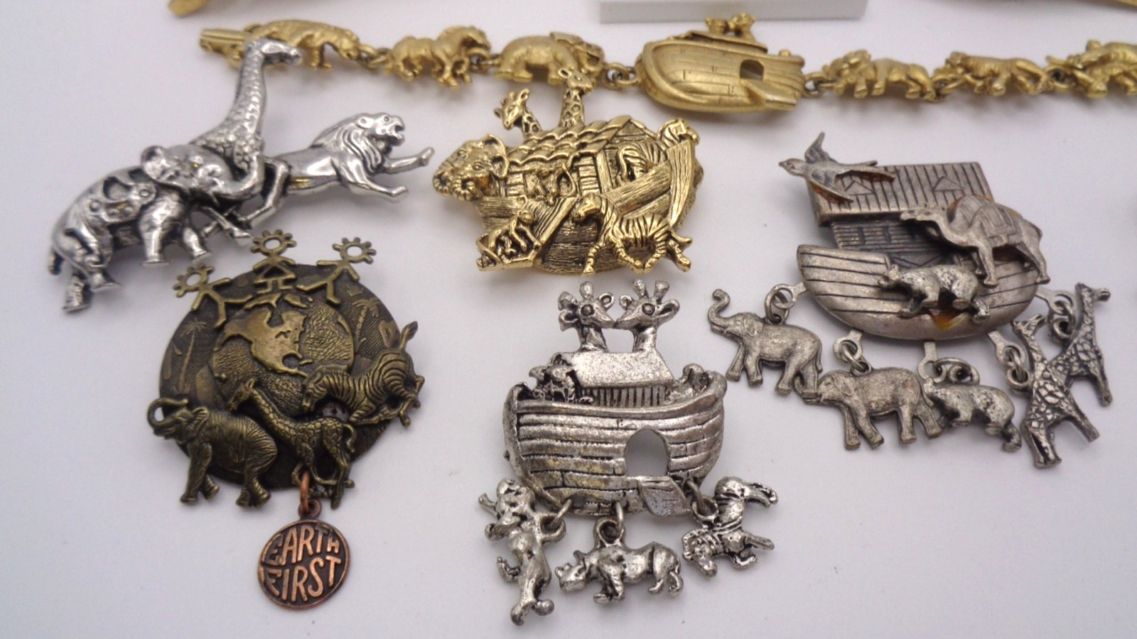 10 Vintage Gold & Silver Tone Noah’s Ark Animal Bracelet Brooch Clip Earring Lot