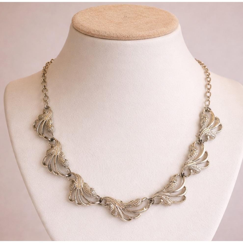 Sarah Coventry Necklace Vintage Silver Tone Scroll Leaf Link Choker MCM Jewelry