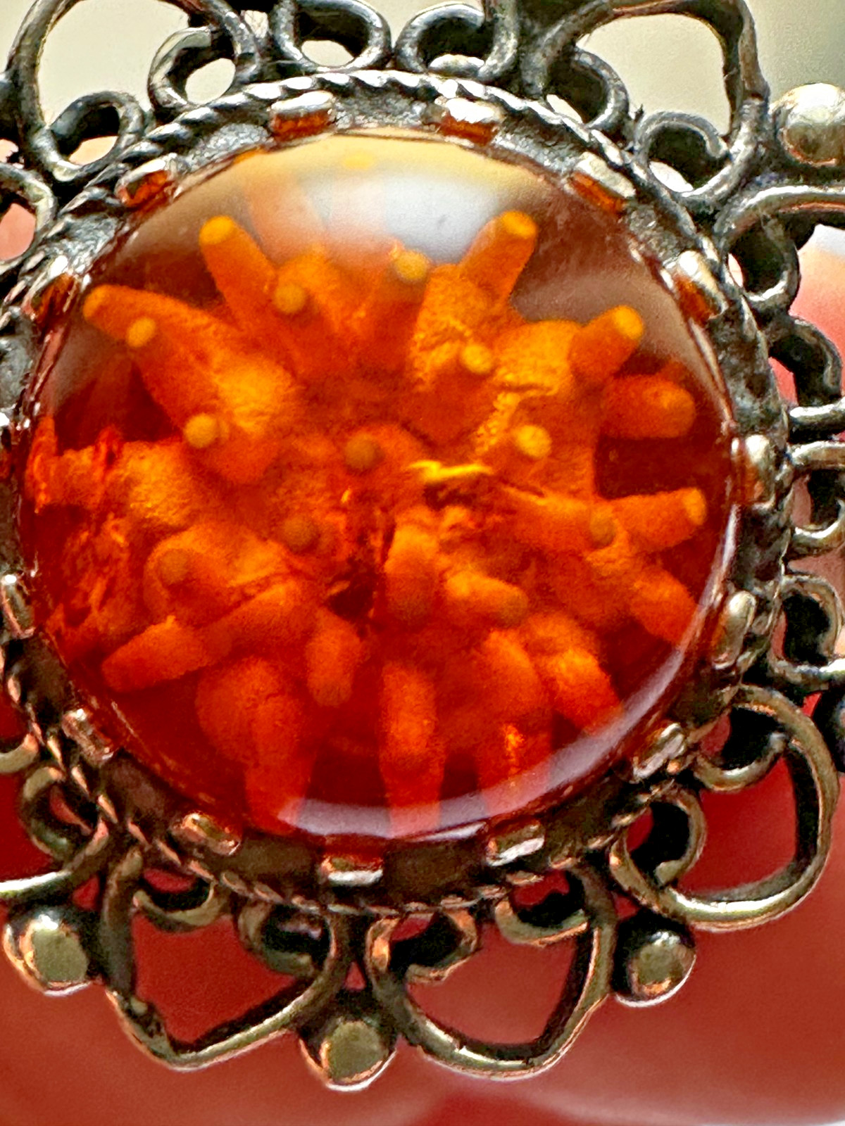 Vintage Silver Amber Flower Cabochon Filigree Statement Ring Size 5