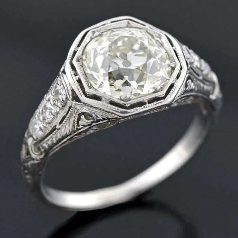 1.28 Ct White Round Cut Simulated Diamond Art Deco Retro Wedding 925 Silver Ring