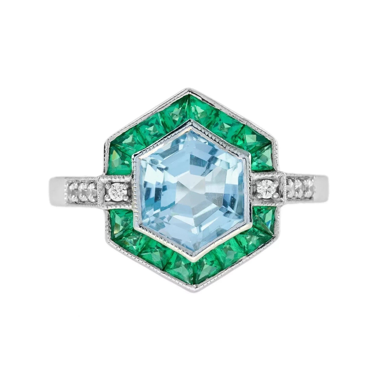 4Ct Art Deco Vintage Aquamarine & Emerald Hexagon 14K White Gold FN Wedding Ring