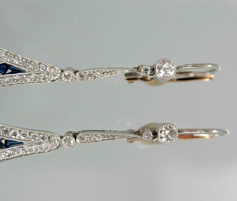 Art Deco Style Sapphire & Diamond Drop Dangle Wedding 14k White Gold FN Earrings