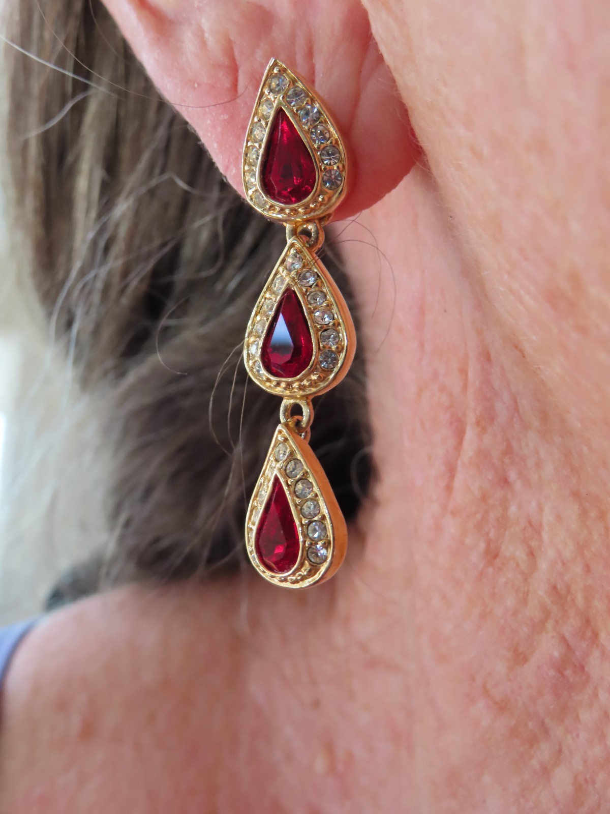 Vintage Gold Plated Red & White Dangle Drop Pierced Earrings
