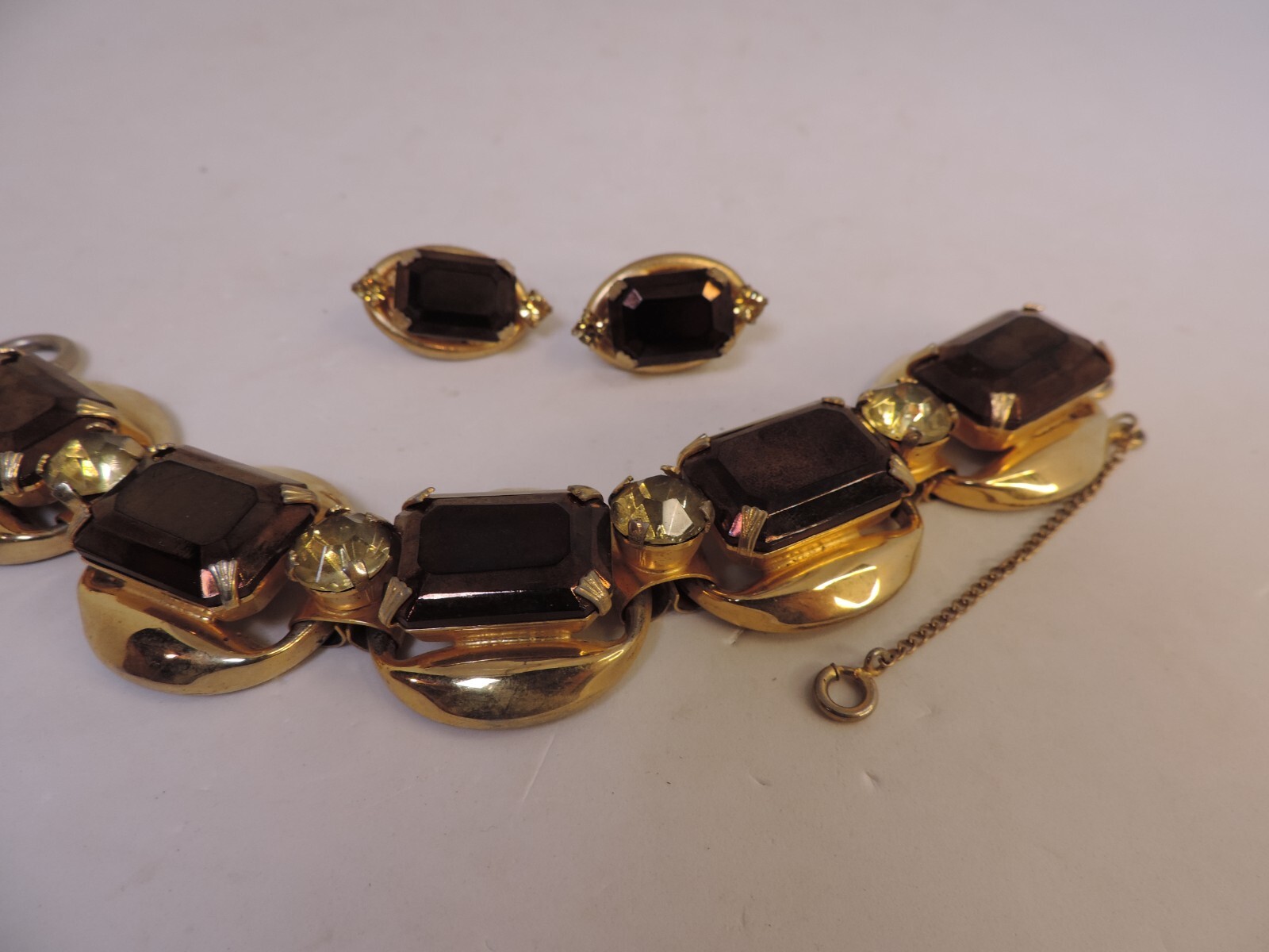 Bracelet Earrings Set 5 Link Brown Green Large Rhinestones Open Backs MCM Trendy