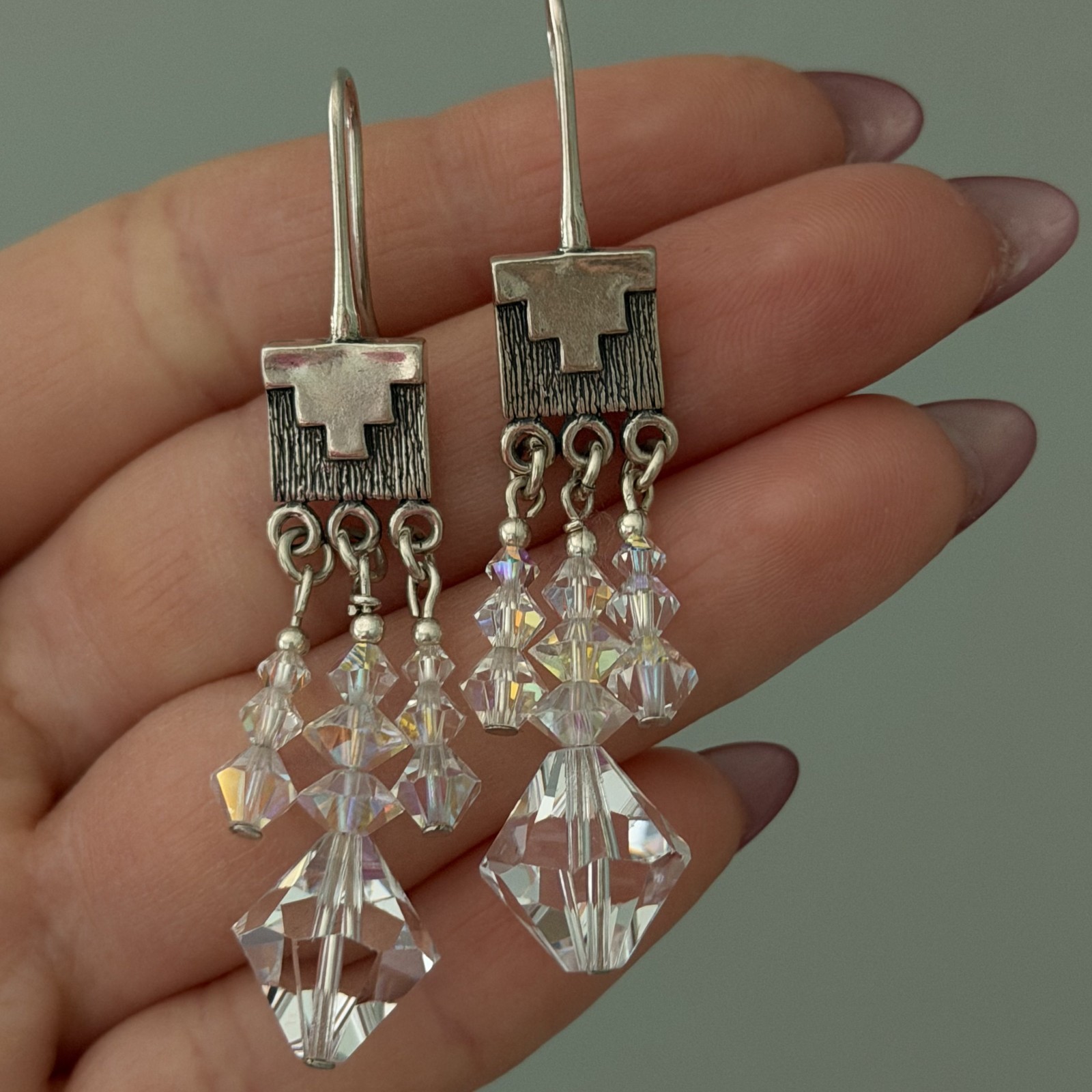 Vintage 925 Sterling Silver Clear AB Crystal Chandelier Dangle Earrings