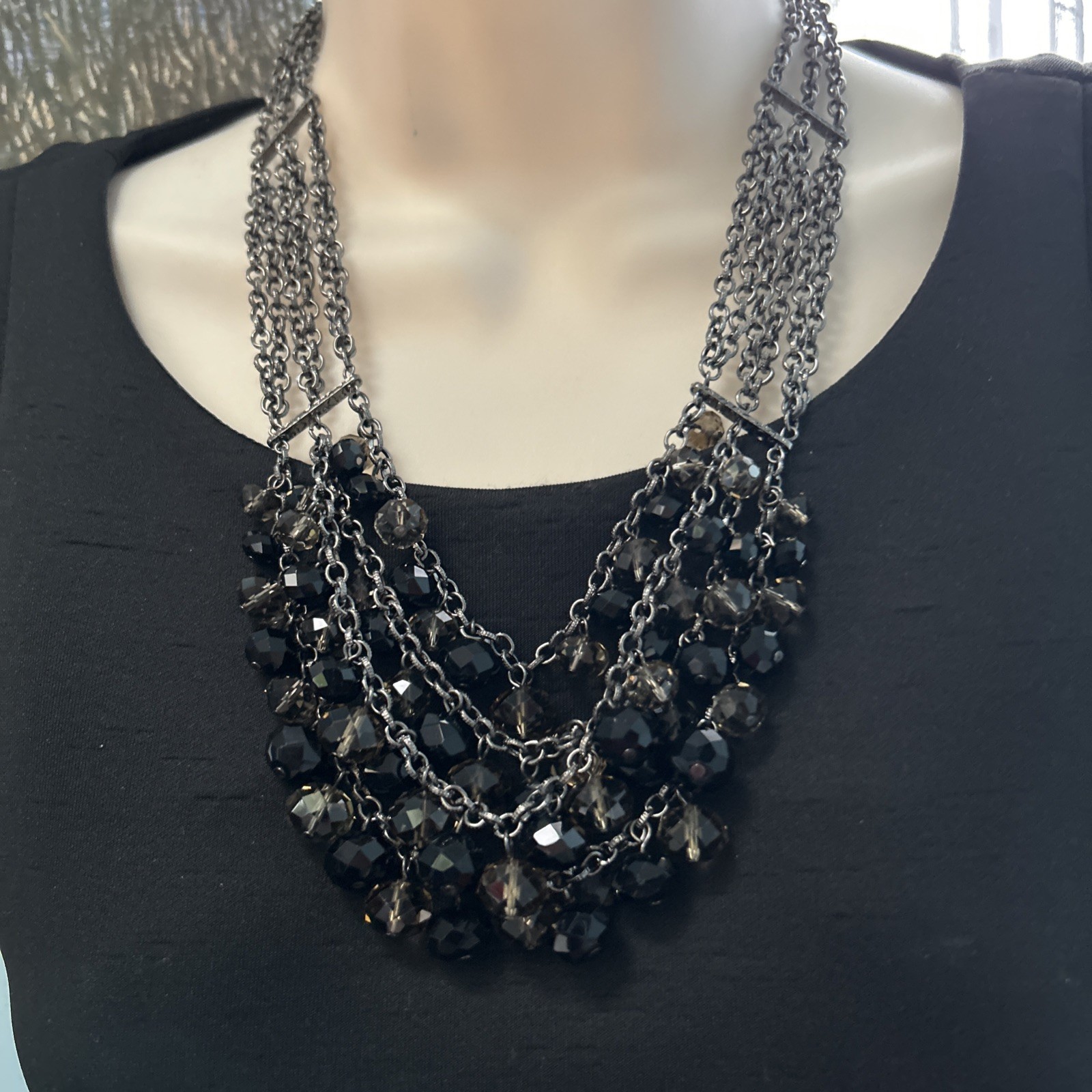 Designer NECKLACE Silver Toned 4 Strands Black/Clear Smokey Shiny Glass Beads