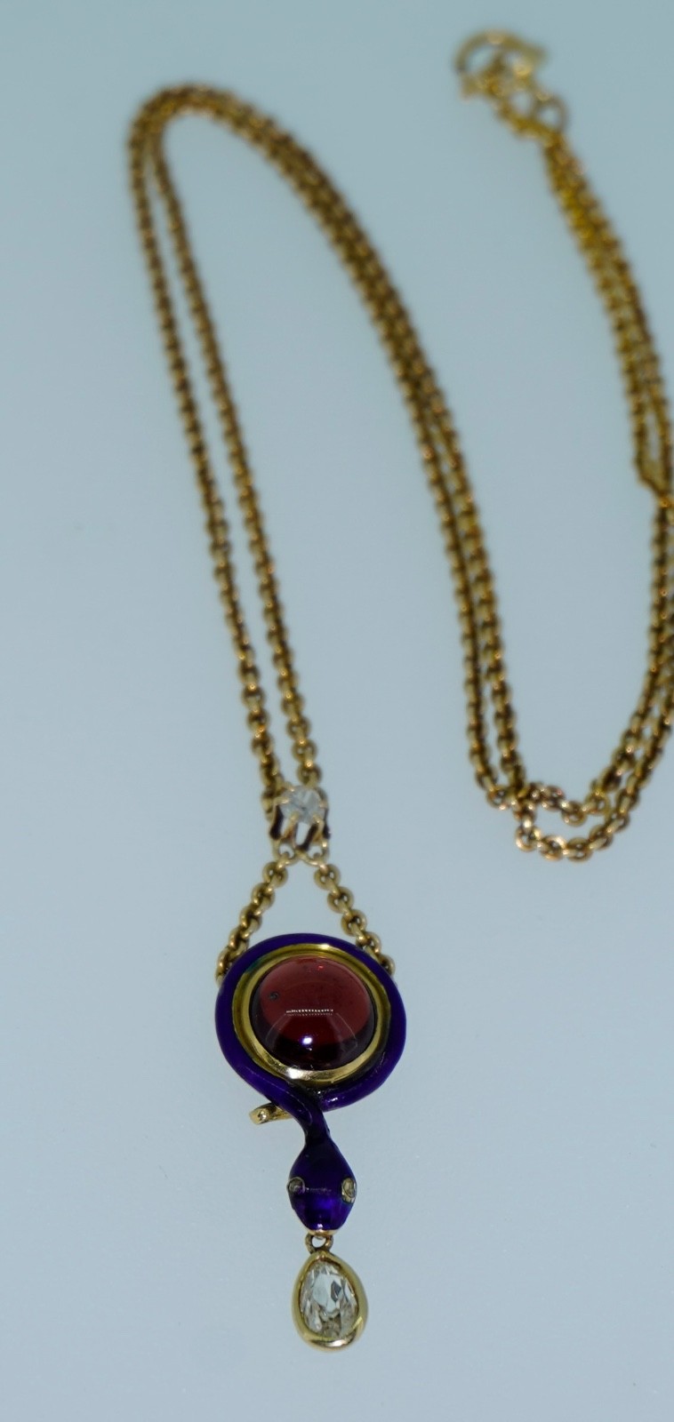 Antique 14K Enamel Snake With Diamonds & Garnet Necklace