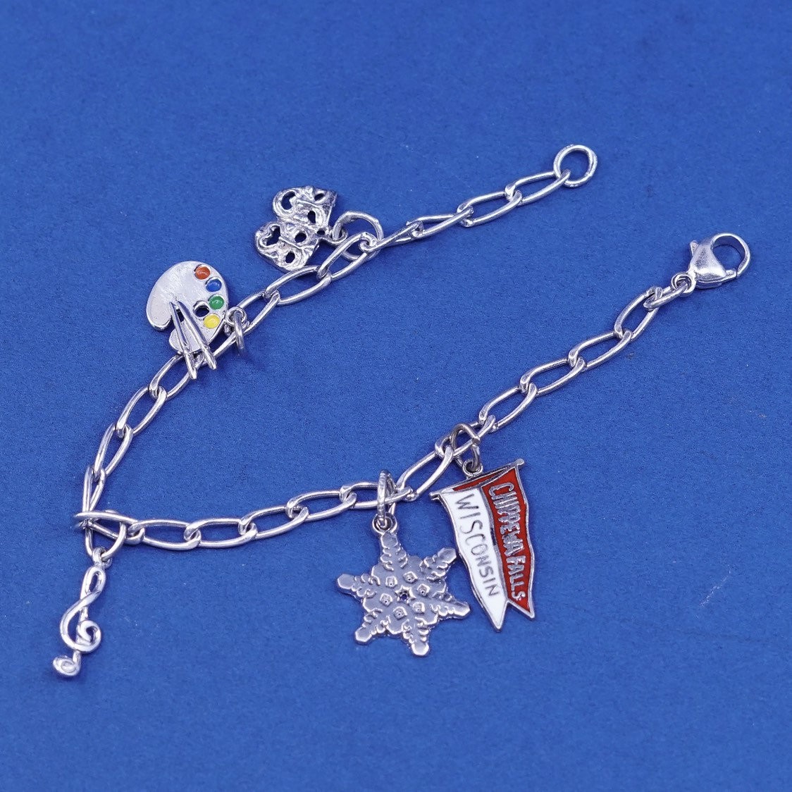 6.5″, vtg Sterling silver handmade bracelet, 925 elongated chain w/ 5 charms