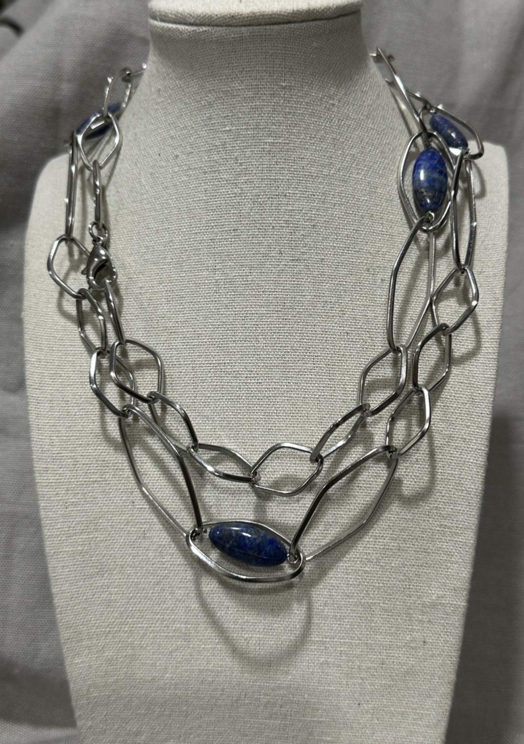 Simona Collini Stainless Steel Silver Tone Oval Link Necklace Blue Stones 34”