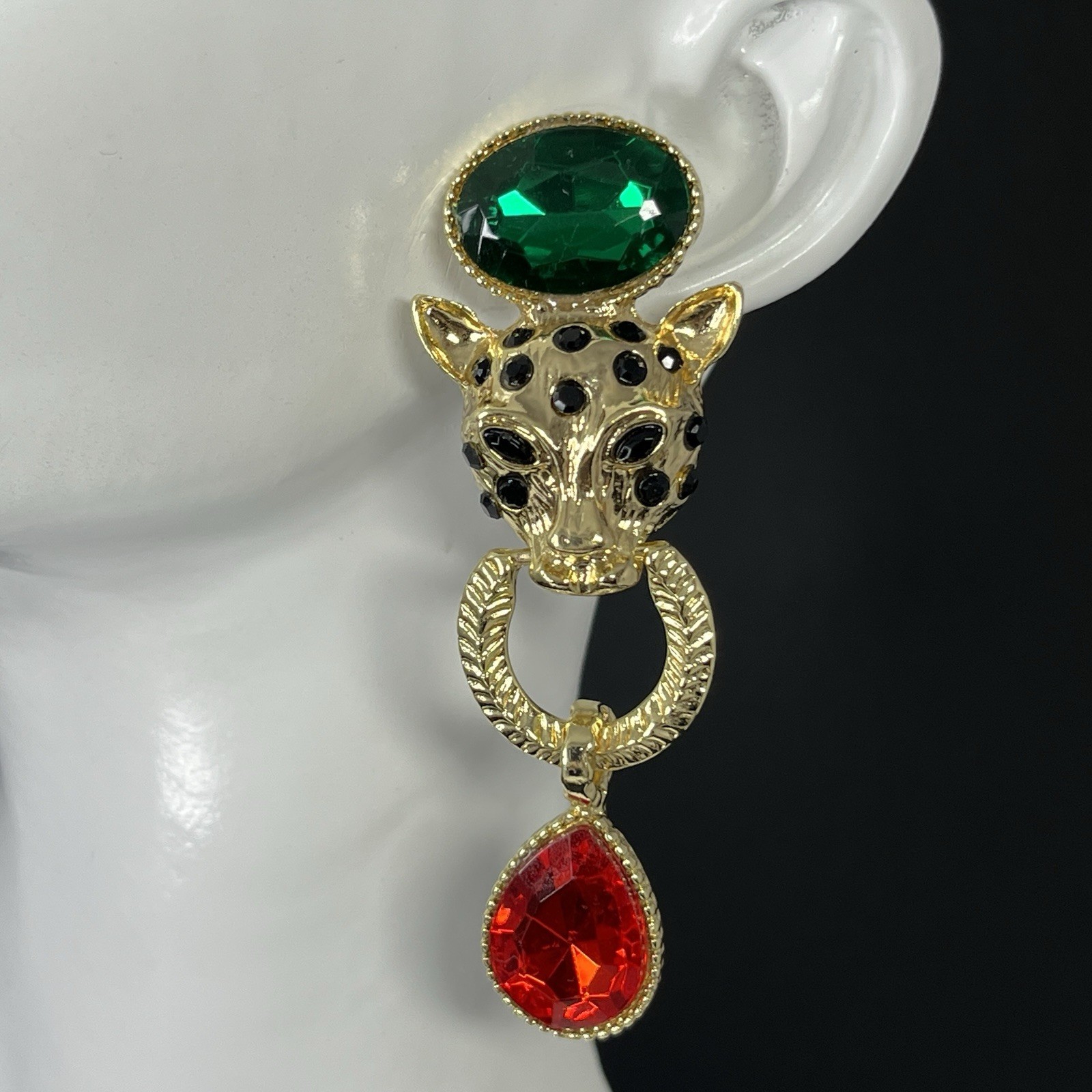 Gold Tone Lion Door Knocker Earrings Pierced Jaguar Cat Red Green Statement Drop
