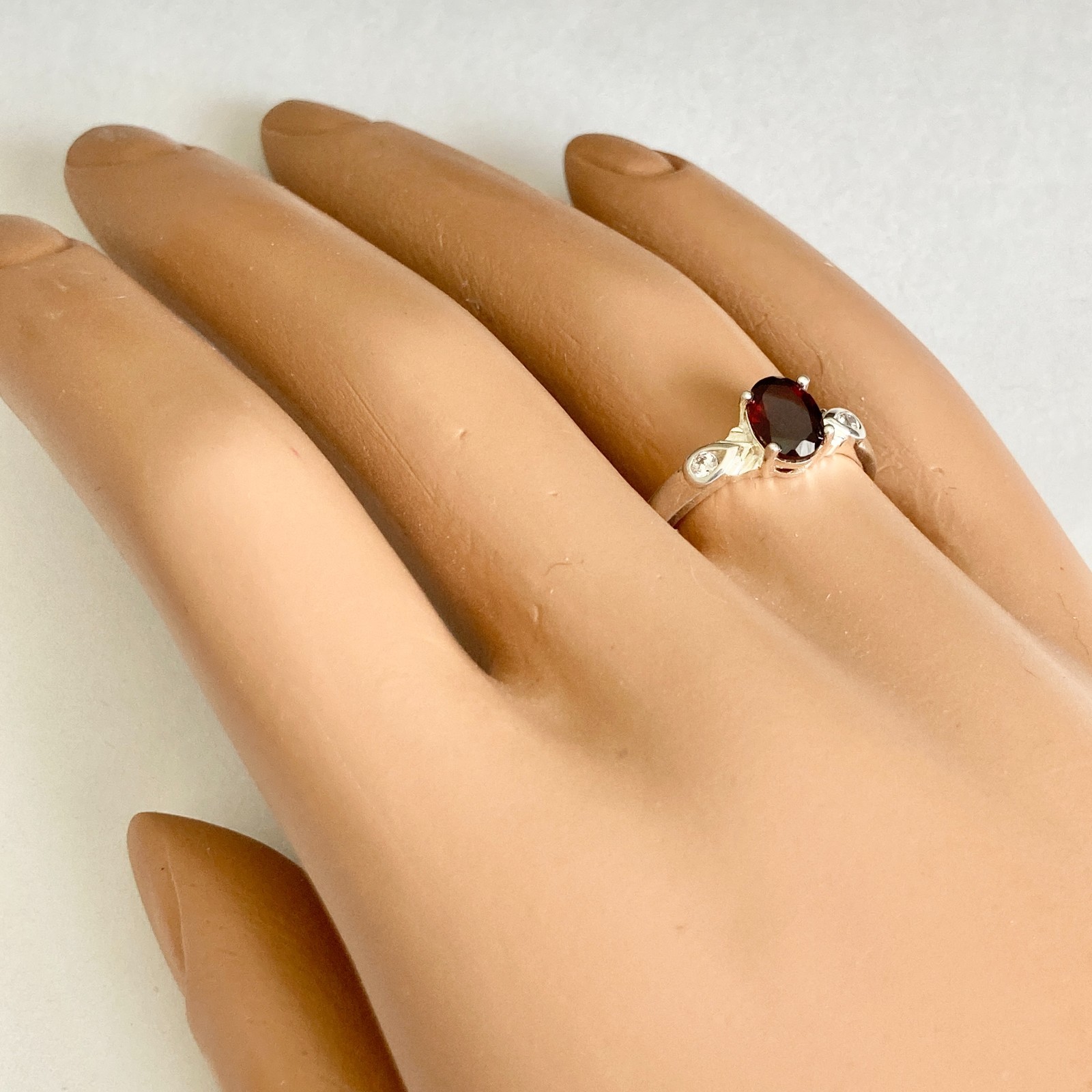 Vintage Silver Red Garnet Stone Solitaire Cocktail Ring Size 9 Plated Victorian