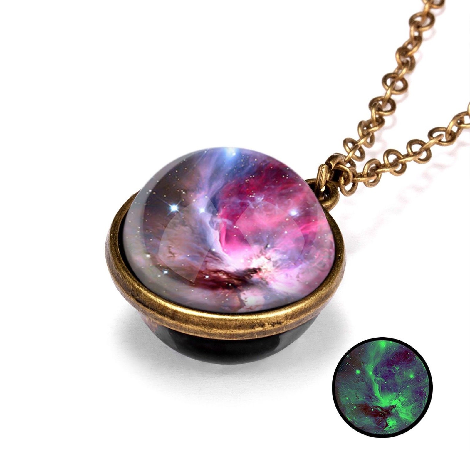 Double-Sided Galaxy Necklace – Glass Dome Pendant with Vintage Chain