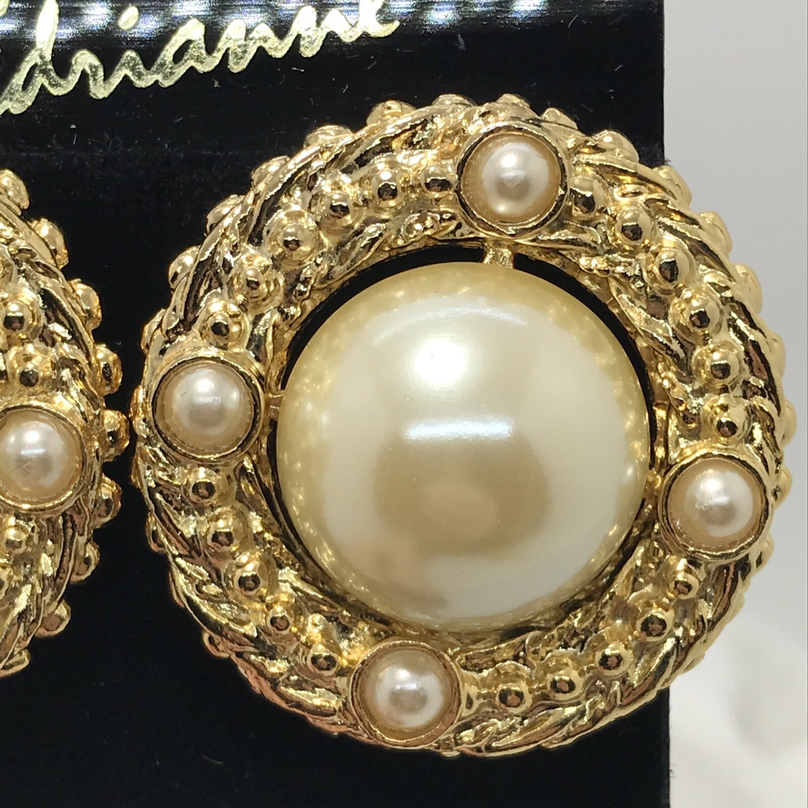 Vintage Adrianne Gold Tone Large Textured Edge Faux Pearl Clip-on Earrings