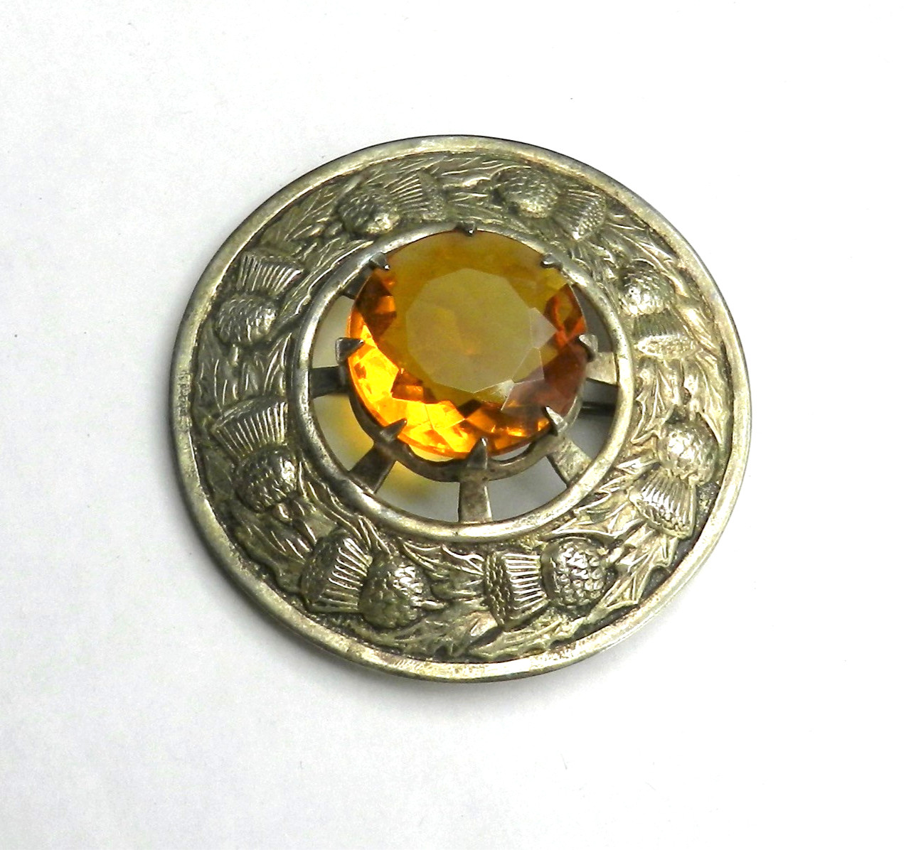Vintage Large 3″ Thistle Brooch Large Orange Stone Great Britain Kilt Scotland