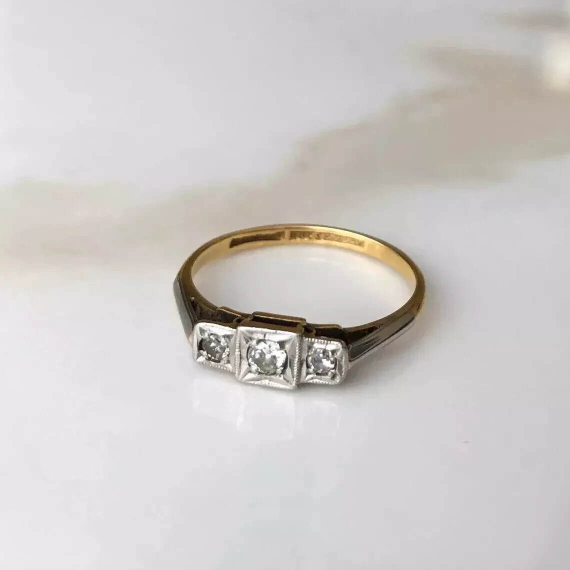 Art Deco Style Three-Stone Round Lab Created 14K Gold FN Engagement Ring